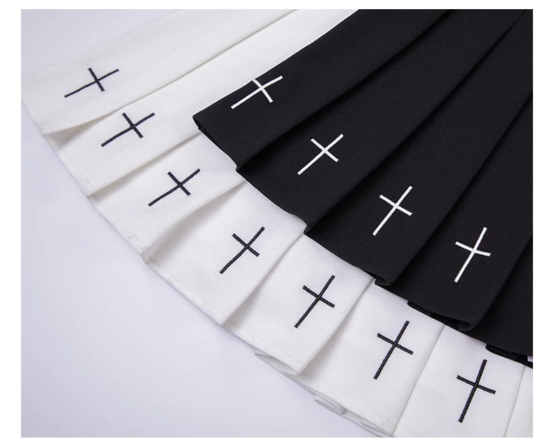 2024 Women Harajuku Sweet Fresh Feeling High Waist Pleated Skirt Elastic Waist Cross Embroidery Skirt black skirt Pleated Skirt