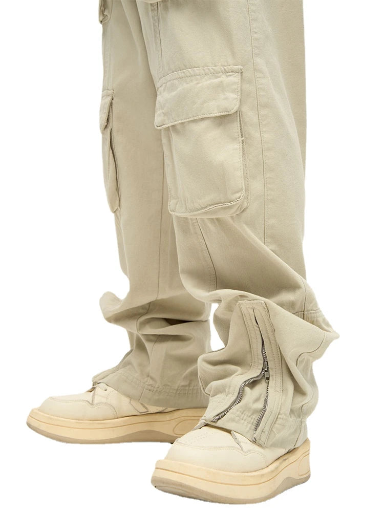 mens loose streetwear cargo straight pants high street casual bottom zipper multi pocket trousers hip hop safari style joggers urban active pants