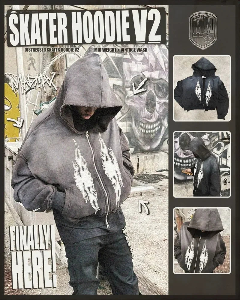 American Street Trend Fashion Flame Print Fashion Zipper Hoodie Women