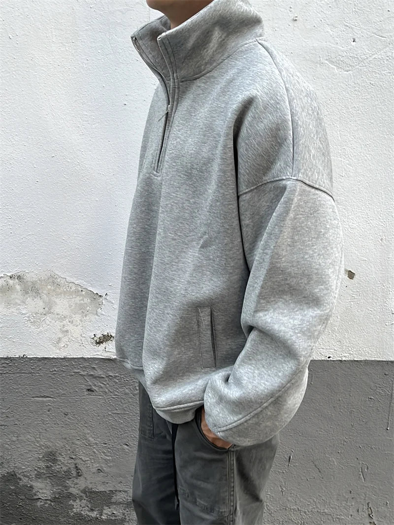 2024 New Half Zipper Design Sweatshirts For Men Autumn Y2K Vintage Stand Collar Pullover Hoodies Korean Fashion Casual