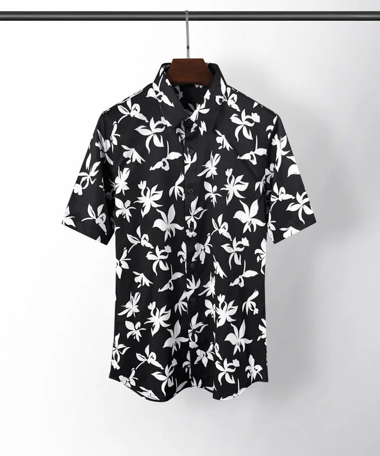 New 2021 luxury Men Classic Hibiscus Flowers Fashion 50% Silk Casual Shirts Shirt high quality Pocket Short sleeves #A48
