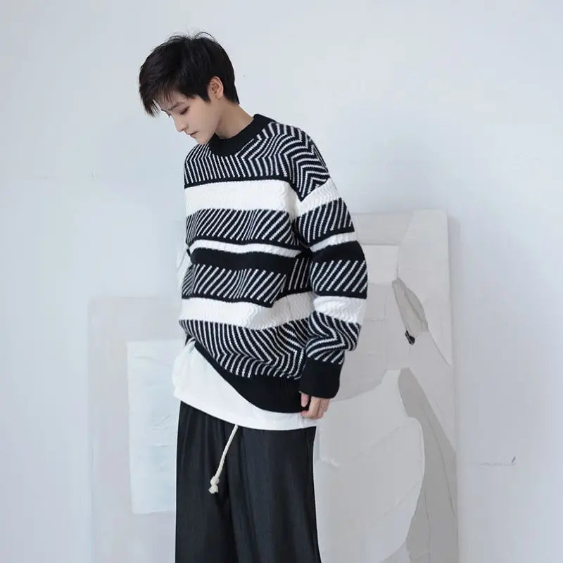 varsity flame pullover for men with bold graphic knit design, perfect for 2025 fashion, street fashion menswear trend for sea