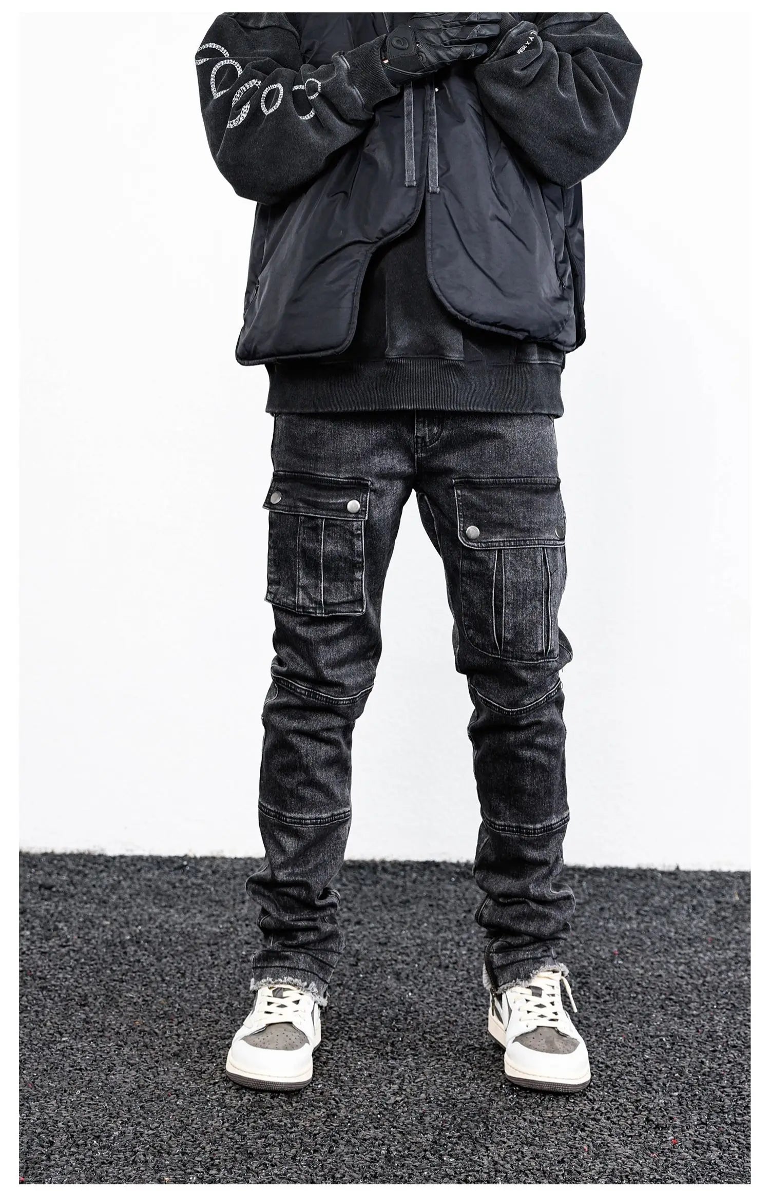 retro washed denim jeans mens bottom zipper jean trousers with pockets hip hop fashion high street slim fit pants joggers jeans unique joggers style 3100