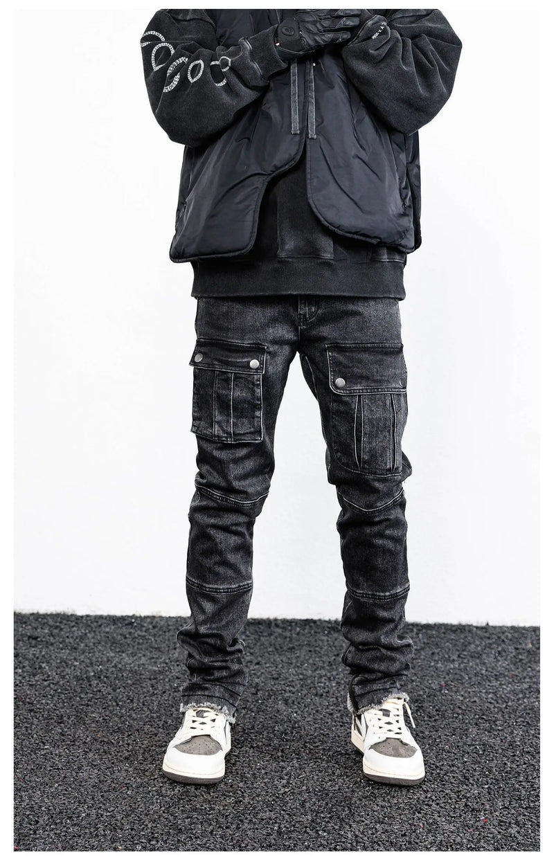 retro washed denim jeans mens bottom zipper jean trousers with pockets hip hop fashion high street slim fit pants joggers jeans unique joggers style 3100