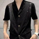 Mens Hot Flower Rhinestone Short-Sleeve Shorts Two-Piece Niche Personality Shiny Elegant British Two-Piece Suit Men'S Clothing