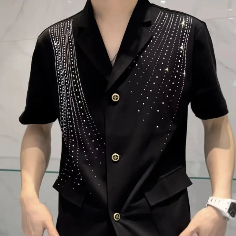 Mens Hot Flower Rhinestone Short-Sleeve Shorts Two-Piece Niche Personality Shiny Elegant British Two-Piece Suit Men'S Clothing