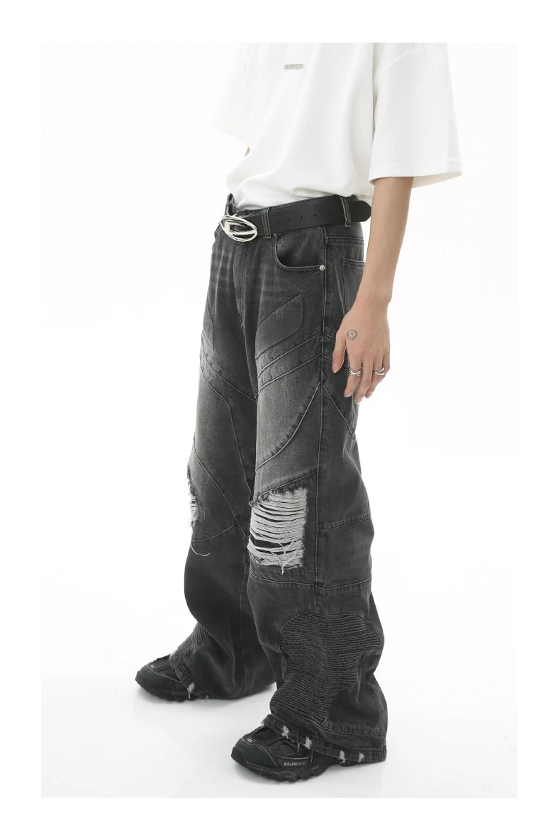 fashion loose streetwear denim jeans new casual wide legs straight jean pants hip hop ripped joggers baggy jeans men clothing unique joggers style 4394