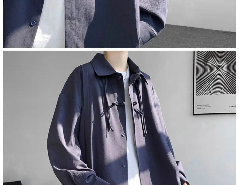 Shirts for men spring and autumn style national fashion design loose and versatile large size outer wear lapel long sleeved tops