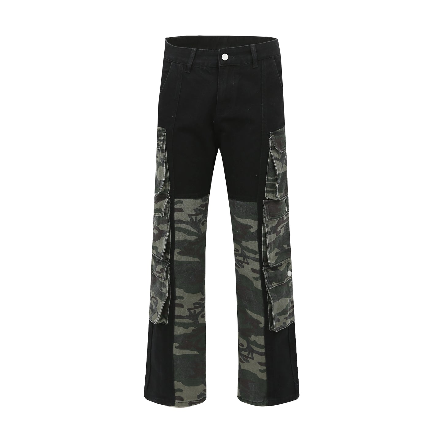 street wear camouflage patchwork cargo flared jeans harajuku unisex functional side multiple pockets camou jeans pants baggy unique cargo style 4435