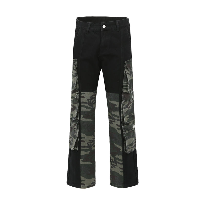street wear camouflage patchwork cargo flared jeans harajuku unisex functional side multiple pockets camou jeans pants baggy unique cargo style 4435
