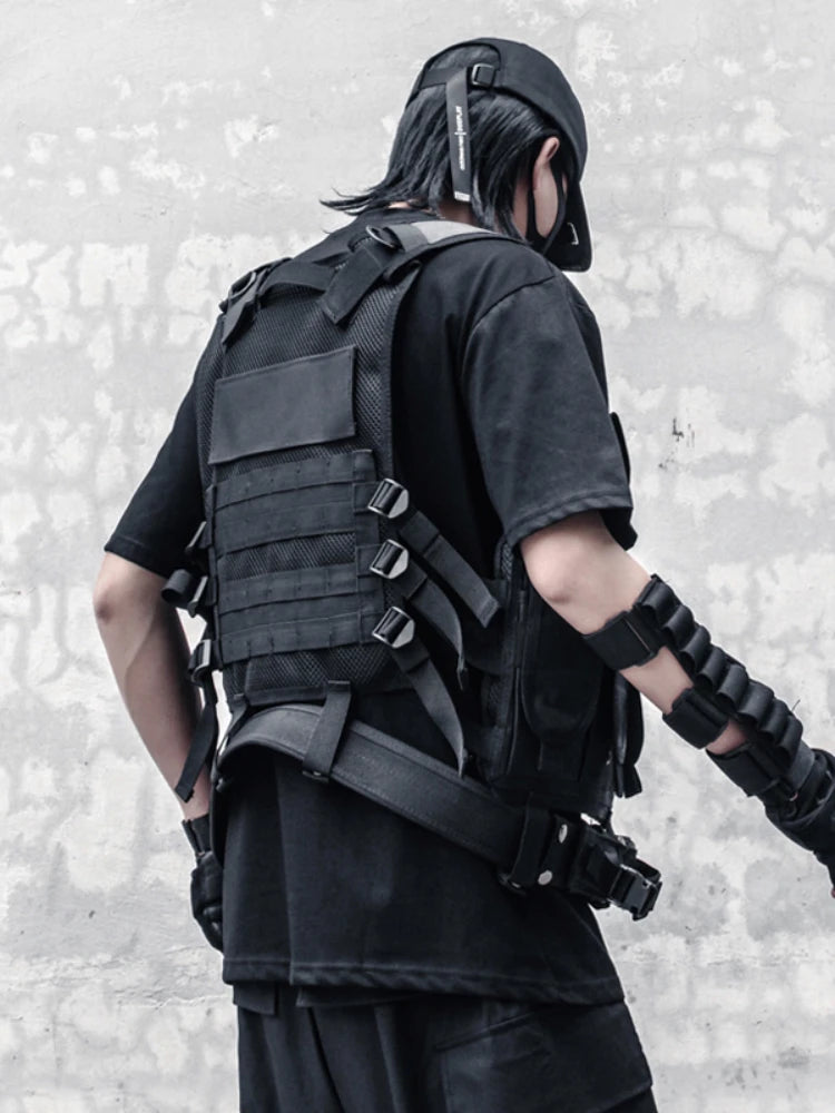 hip hop sleeveless vests mesh adjustment cargo waistcoat with pockets zipper military jacket streetwear tactical vest sweatsh - variant style 0b7c41 for streetwear fashion