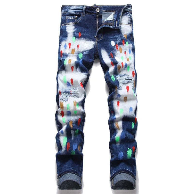 fashion distressed white washed denim jean pants colorful graffiti printed casual biker hip hop jeans slim joggers mens jeans unique joggers style 4577