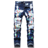 fashion distressed white washed denim jean pants colorful graffiti printed casual biker hip hop jeans slim joggers mens jeans unique joggers style 4577