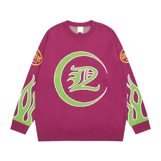 hip hop knitted sweater men letter fire pattern o neck pullover streetwear casual loose sweater unisex harajuku jumpers knitwear Y2K vintage urban hoodie, oversized graphic print design, urban wear with bold artwork
