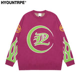 hip hop knitted sweater men letter fire pattern o neck pullover streetwear casual loose sweater unisex harajuku jumpers knitwear Y2K vintage urban hoodie, oversized graphic print design, urban wear with bold artwork