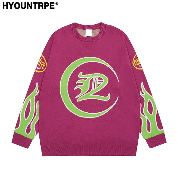 hip hop knitted sweater men letter fire pattern o neck pullover streetwear casual loose sweater unisex harajuku jumpers knitwear Y2K vintage urban hoodie, oversized graphic print design, urban wear with bold artwork
