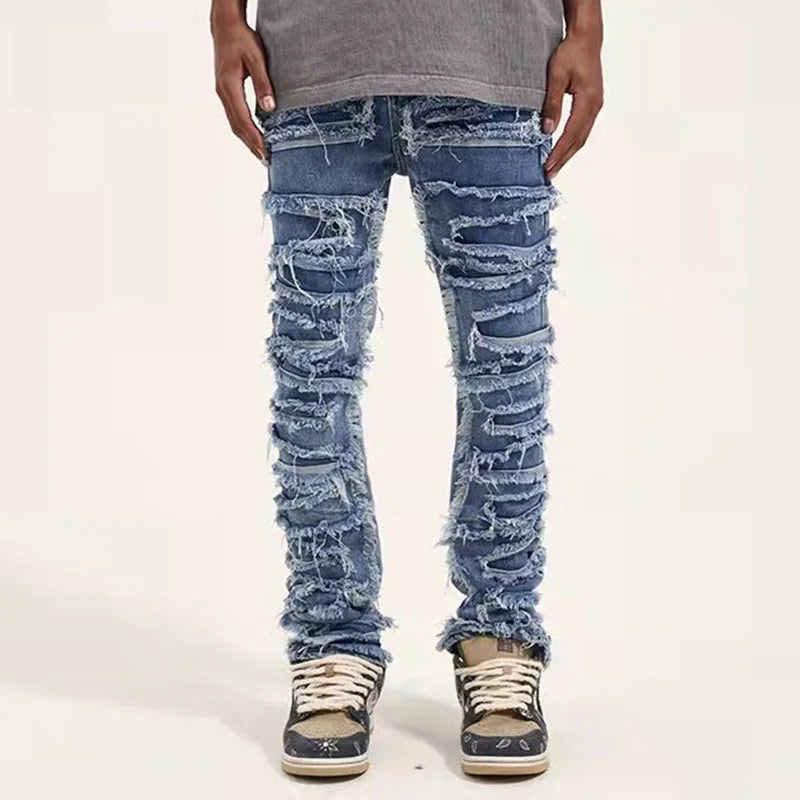 retro hole ripped distressed jeans for men straight washed harajuku hip hop loose denim trousers vibe style casual jean pants ripped baggy denim