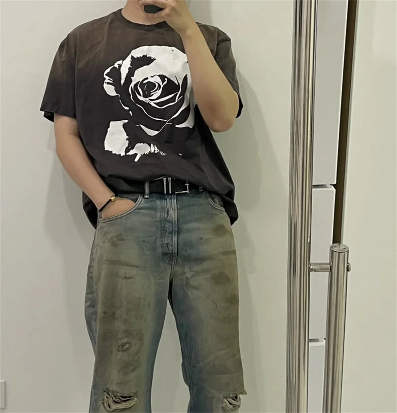 Gothic Oversized shirt – Vintage 90S Old School Style Sunfade Rose Cracking Washed Ol