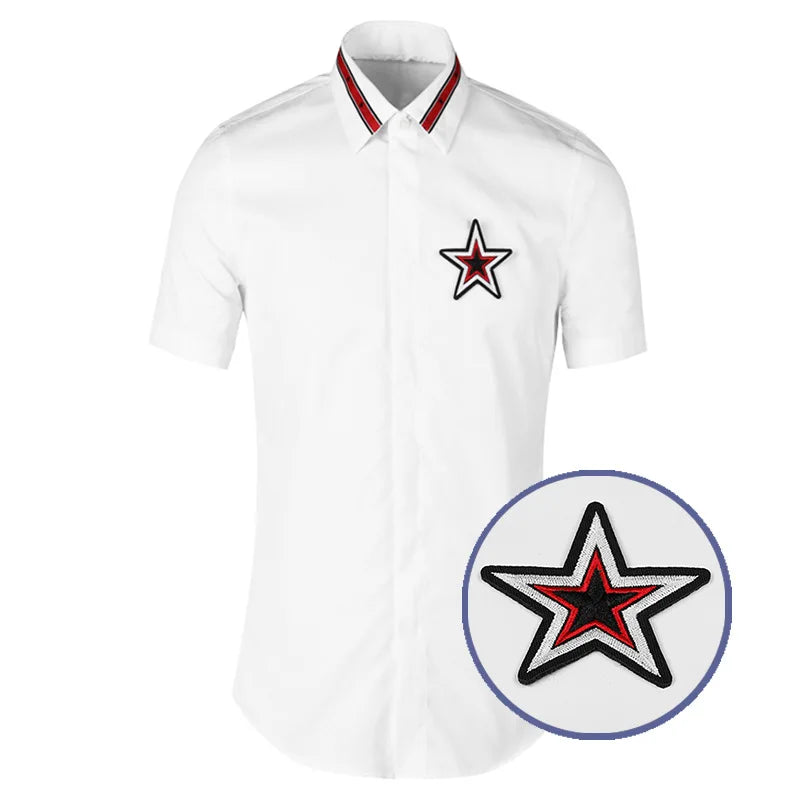 New 2021 Luxury Men Classic Embroidered stars stripes Ribbon Fashion Cotton Casual Shirts Shirt High Quality Short Sleeves A118