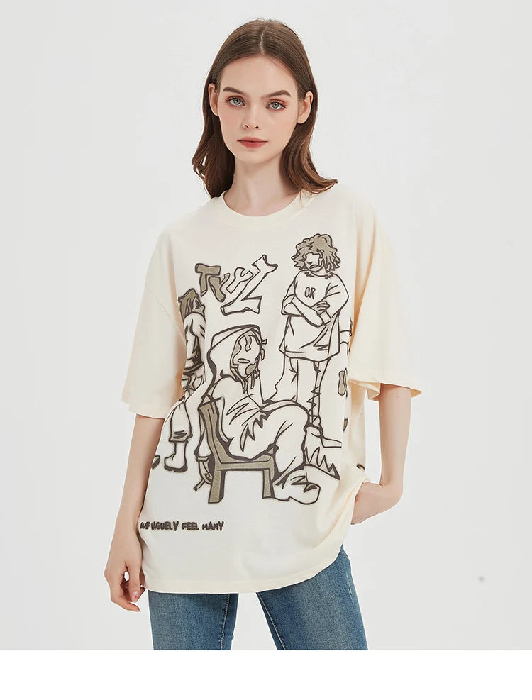 Skatercore Aesthetic print tee – 2023 Harajuku Cartoon Girl Cat Japanese Kanji Graphic T Shir