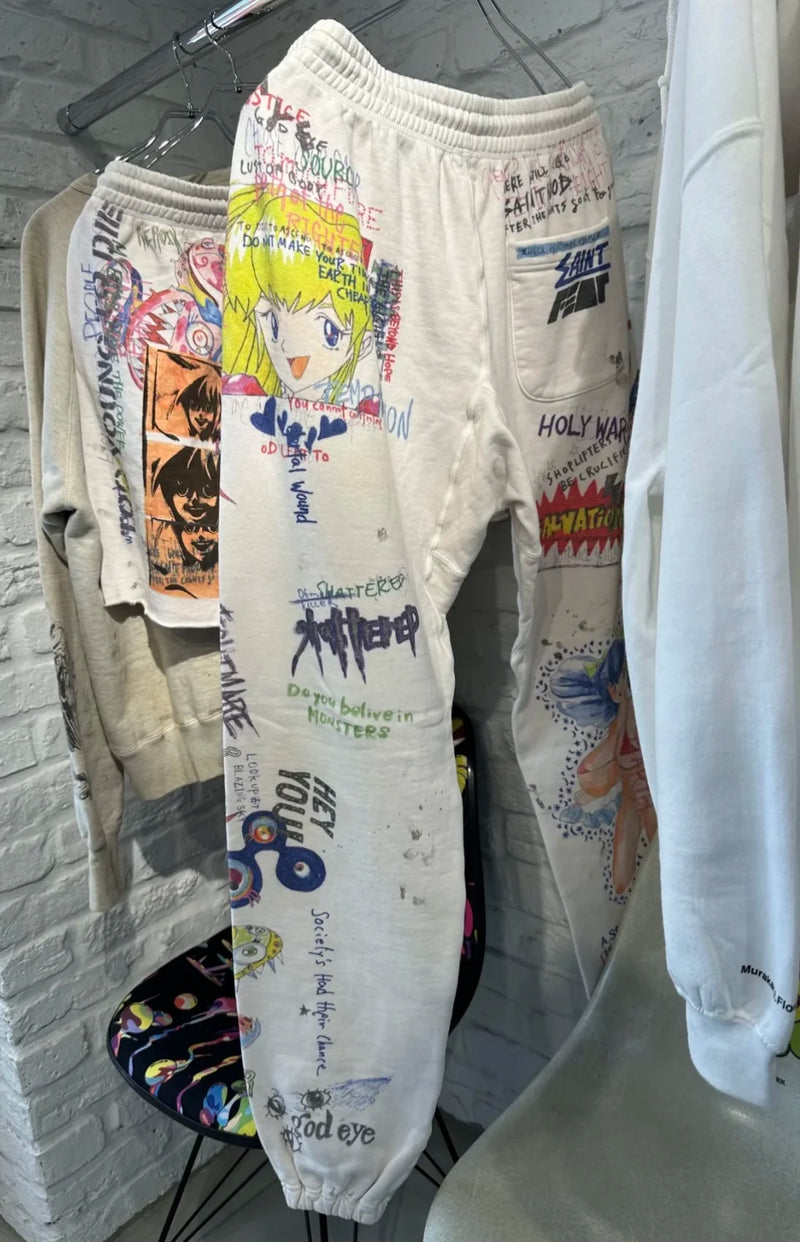 24ss vintage retro graffiti washed worn cotton high street long pants leggings unique default style 6190