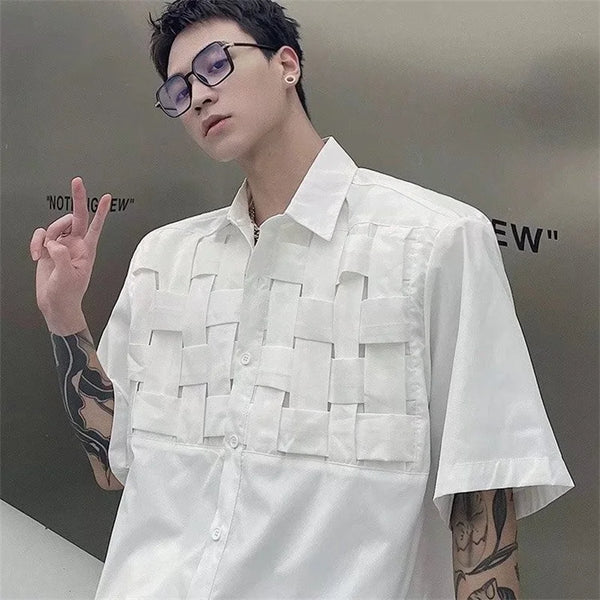 Layered Techwear Shirt Jacket – Summer High Street Knitting Short Sleeve Mens Shirts Luxury Social Solid Shirt Korean Fashion Y2K Clothes Camisas De Hombre | Button Shirt Drop #815