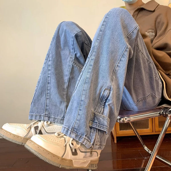 2023 korean fashion ankle zipper vintage brown men jeans pants luxury straight hip hop casual denim trousers pantalones hombre urban skinny jeans