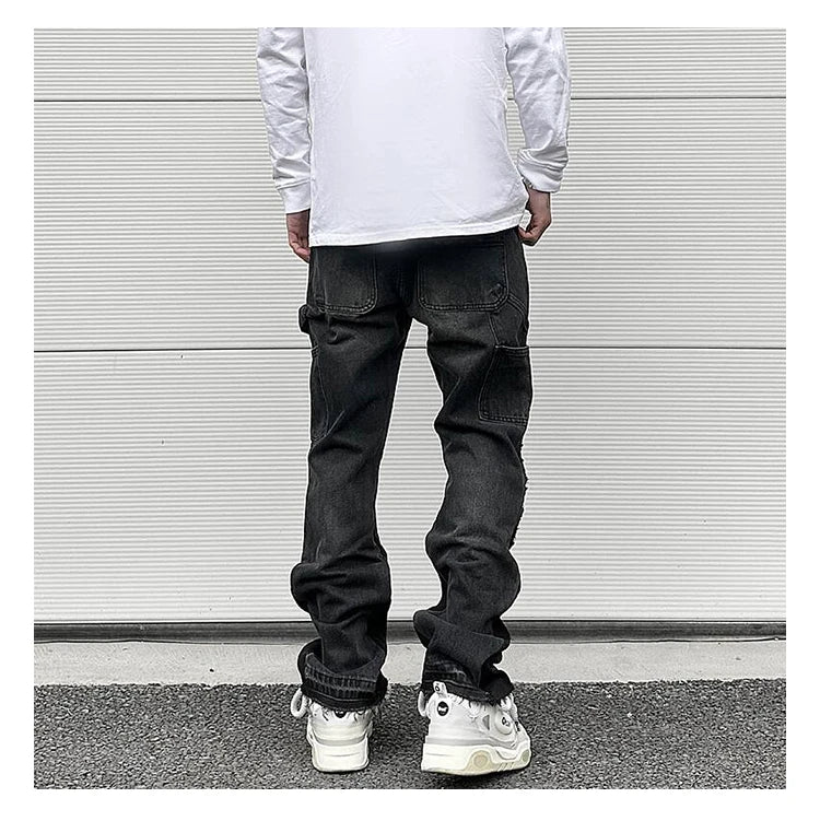 high street fashion contrast straight tube micro flared jean horn pant washing mens tassel vintage patchwork wide denim jeans unique jeans style 4999