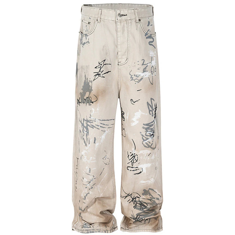 men hip hop baggy jeans graffiti printed loose straight denim pants dirty washed streetwear fashion jeans trousers white unique jeans style 571