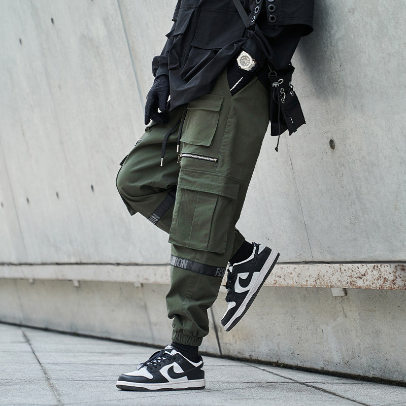mens side pockets cargo pants elastic waist trousers streetwear hip hop loose fit ankle drawstring military sweatpants joggers unique joggers style 4669