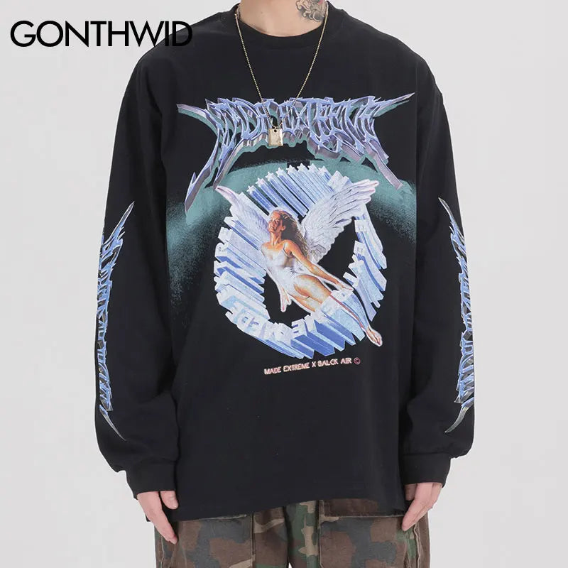 Glitchcore Fashion – Gonthwid Creative 3D Angel Print Long Sleeve Tees Shirts Str – Modern Streetwear for Everyone