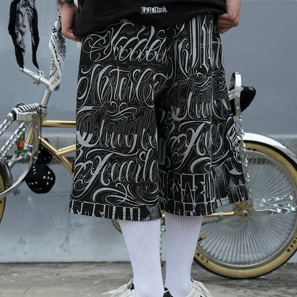 streetwear west coast full print floral over knee shorts for men summer patchwork wide leg baggy five points pants oversized unique shorts style 3610