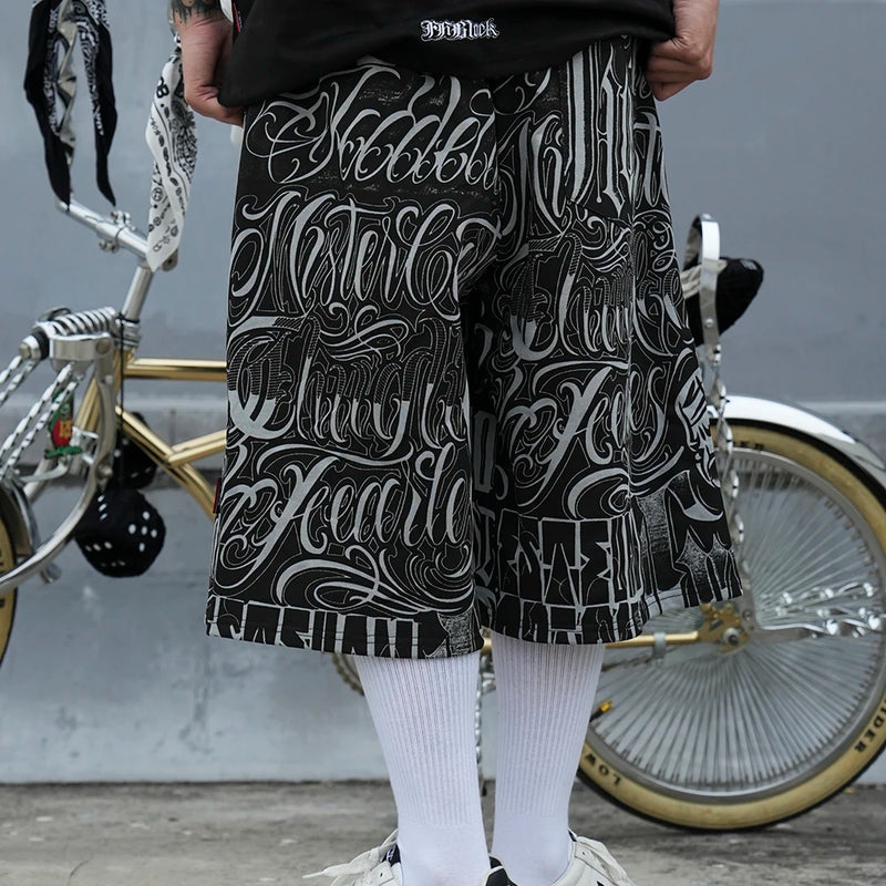 streetwear west coast full print floral over knee shorts for men summer patchwork wide leg baggy five points pants oversized unique shorts style 3610