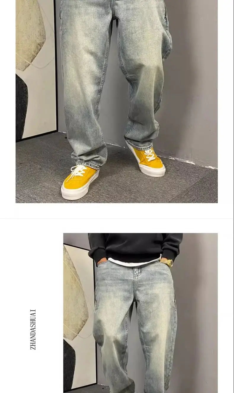 American casual ruffian handsome washed retro zipper jeans men straight loose trendy brand wide-leg trousers men