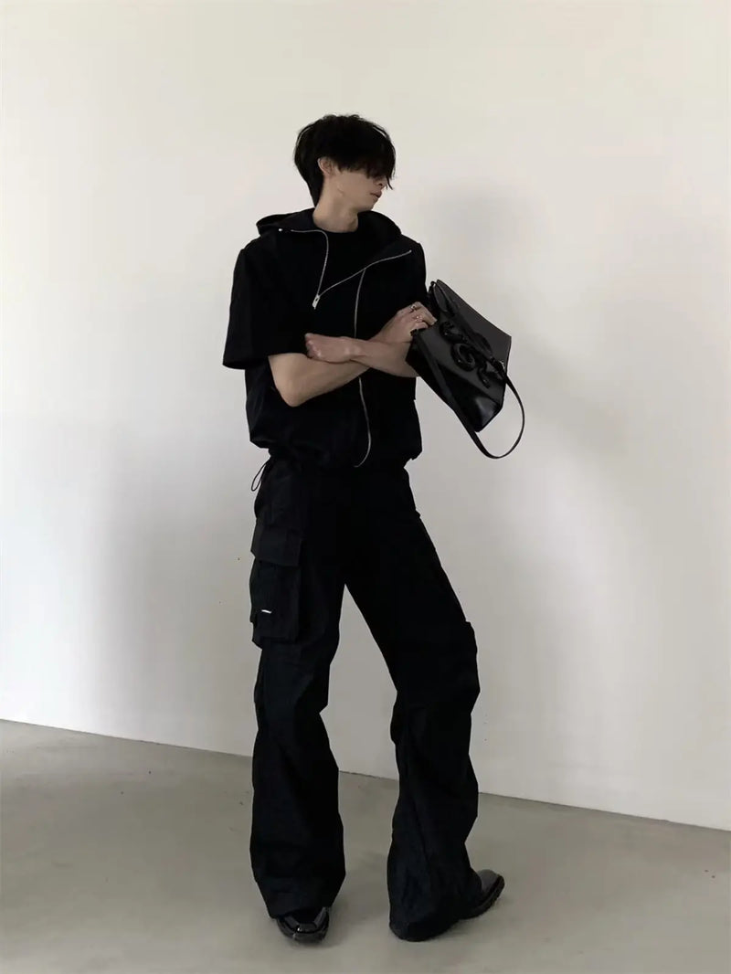 summer sleeveless set men women multi pocket hooded vest jogging cargo pant spring loose casual zipper two piece suit street unique cargo style 438