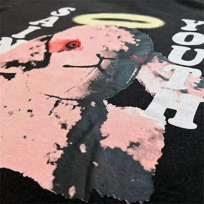 Skater cartoon tee with sticker flames and barbed outline