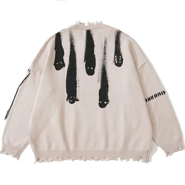 techwear flame knit sweater with structured oversized fit, ideal for cold streetwear layers, men’s streetwear clothing piece 