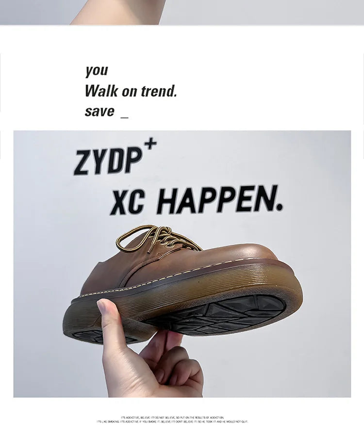 High Street Vintage Brown Big Toe Leather Shoes Men Women Streetwear Fashion Hip Hop Casual Increase Derby Shoes