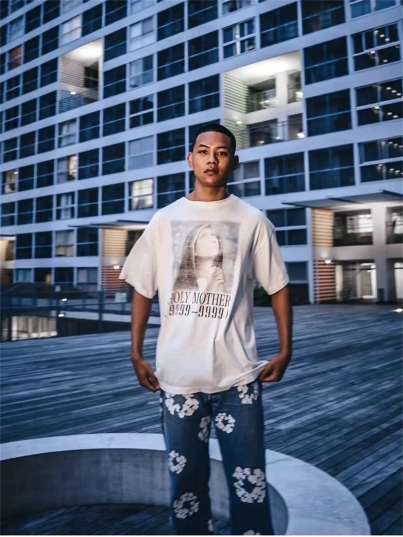 Cyberpunk Aesthetic print tee – Vtg Summer Printed Holy Mother Portrait Short Sleeved T Shir
