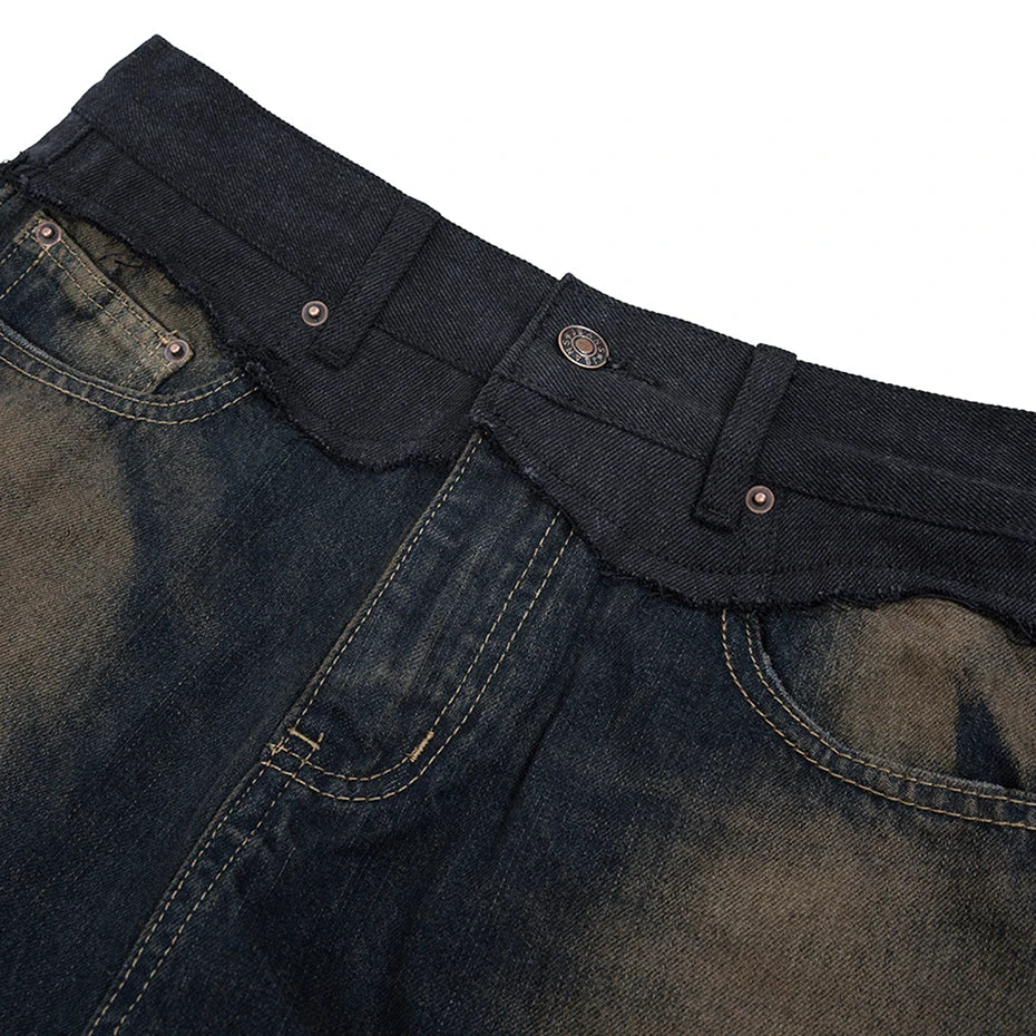 men vintage blue jeans luxury designer patchwork baggy denim pants loose straight jeans trousers stacked flare jeans