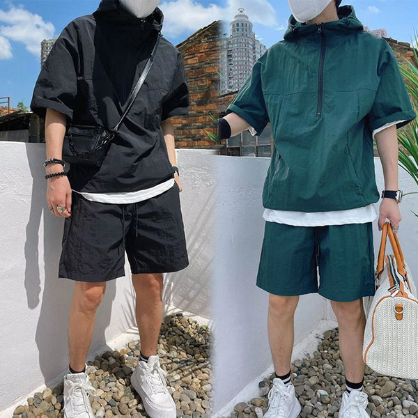 Mens Y2k Two-Piece Set 2024 Summer New Casual Loose High-Quality Zipper Fashion Hooded Work Top Solid Color Trendy Shorts Set