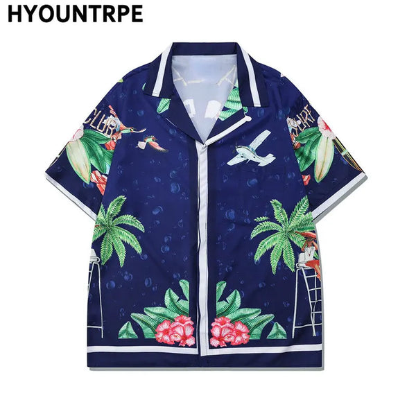 2 Pieces Sets Harajuku Printed Short Sleeves Shirts and Elastic Waist Shorts Joggers Summer Beach Streetwear Hip Hop Mens Sets
