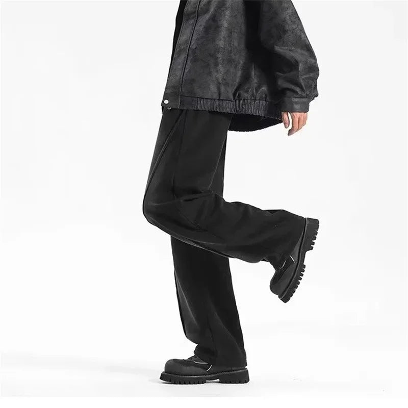 autumn mens high street pleated straight pants korean fashion elastic waist pockets trousers y2k vintage pantalones hombre minimalist street pants