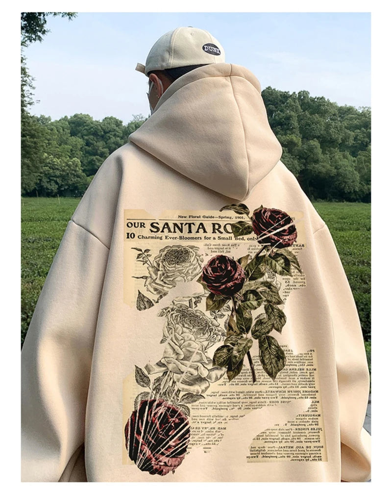 Y2K Vintage Rose Graphic Print Hoodies For Men Goth Fashion Streetwear Clothes Casual Fleece Hip Hop Loose Pullover Sweatshirts