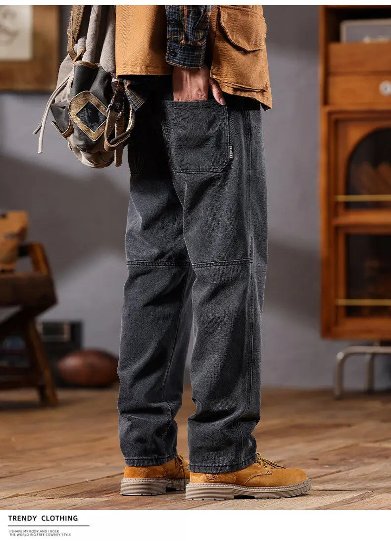 men retro fashion streetwear loose casual plus size straight denim cargo jeans pants man black gray jeans trousers unique cargo style 1986