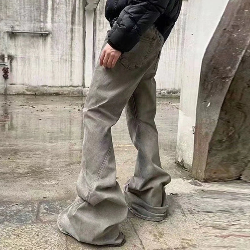 ro ribbons desert colore high elastic micro flared jeans mens straight baggy casual boot cut oversize solid loose denim trousers vintage washed jeans