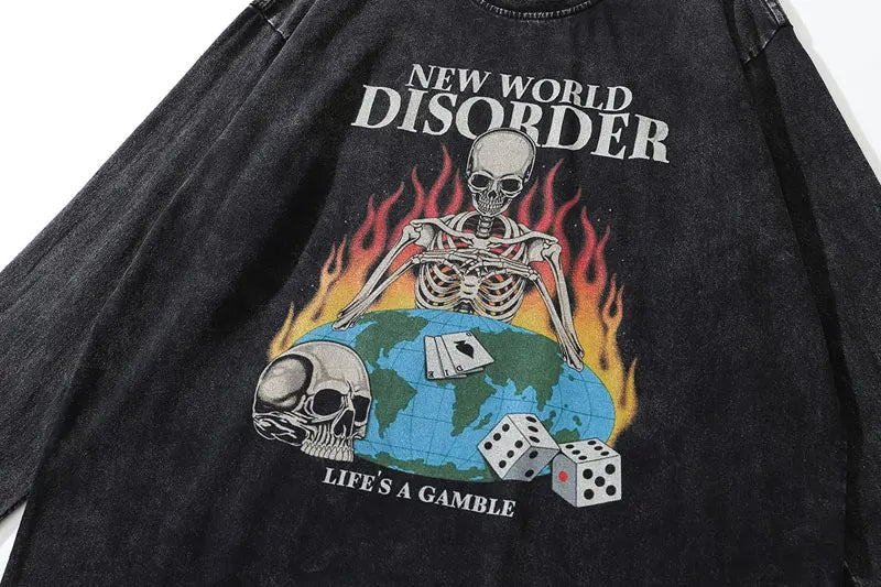 Sadcore Graphic tee – Men Long Sleeve Tshirt Hip Hop Flame Skull Skeleton Poker Pr