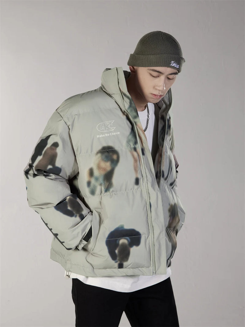 Hip Hop Jacket Parka Human Graffiti Print Men Winter Windbreaker Streetwear Harajuku Padded Jacket Coat Warm Outwear Hipster New