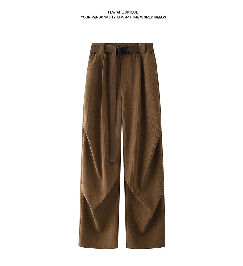 winter mens wide leg straight sweatpants korean fashion warm fleece track pants male casual thermal trousers with long belt unique joggers style 1090