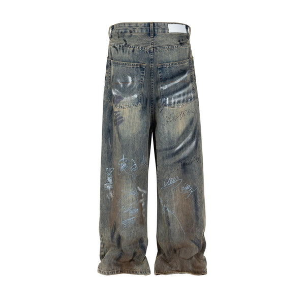 graffiti handdrawn damaged wash baggy jeans for men and women straight streetwear y2k denim trousers pantalones hombre cargos 1 baggy cargo bottoms